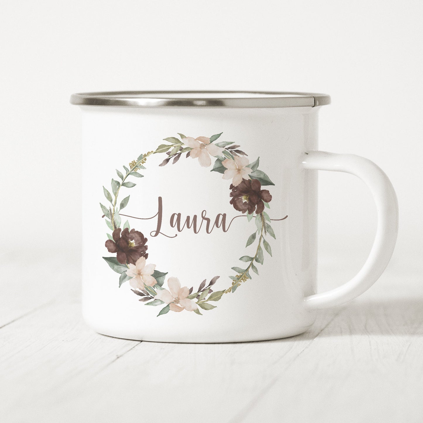 Emaille Tasse Personalisiert Name Blumenkranz Namensgeschenk Becher
