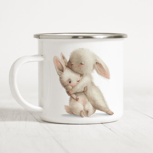 Emaille Tasse Kinder Hasen Umarmende Häschen Becher Mädchen Geschenk
