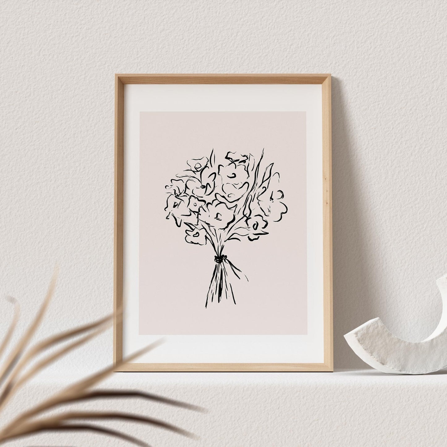 Boho Wanddekoration Abstrakter Kunstdruck in Beige mit Blumenstrauß Floraler Print Bild Wandkunst Wanddeko