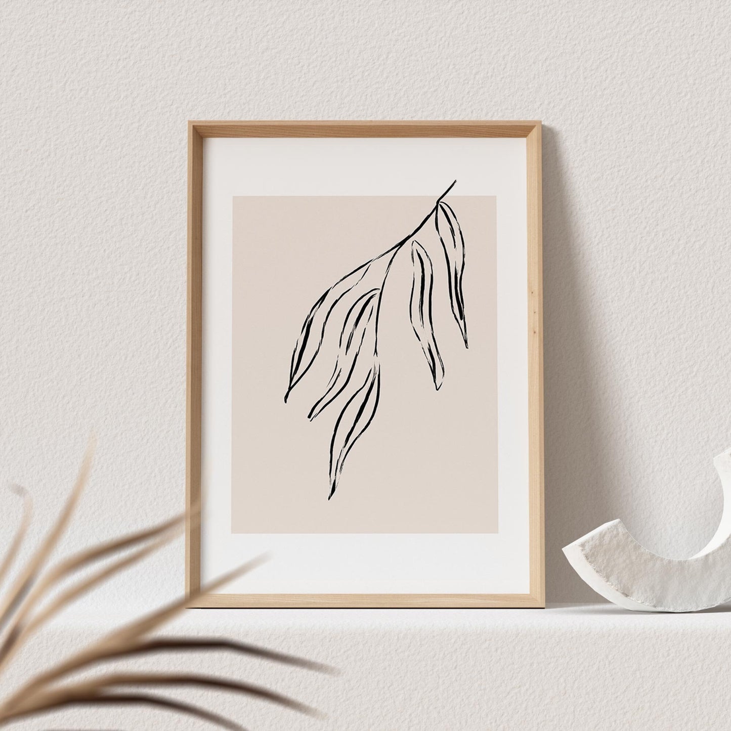 Boho Wanddekoration Abstrakter Kunstdruck in Beige mit Ast und Blätter Floraler Print Bild Wandkunst Wanddeko
