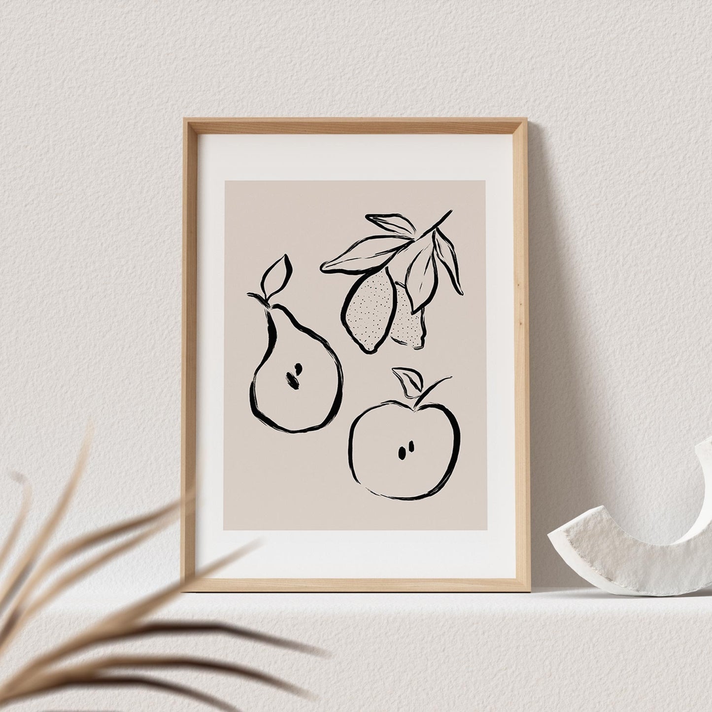 Boho Wanddekoration Obst Apfel Birne Zitronen Abstrakter Kunstdruck in Beige Print Bild Wandkunst Wanddeko