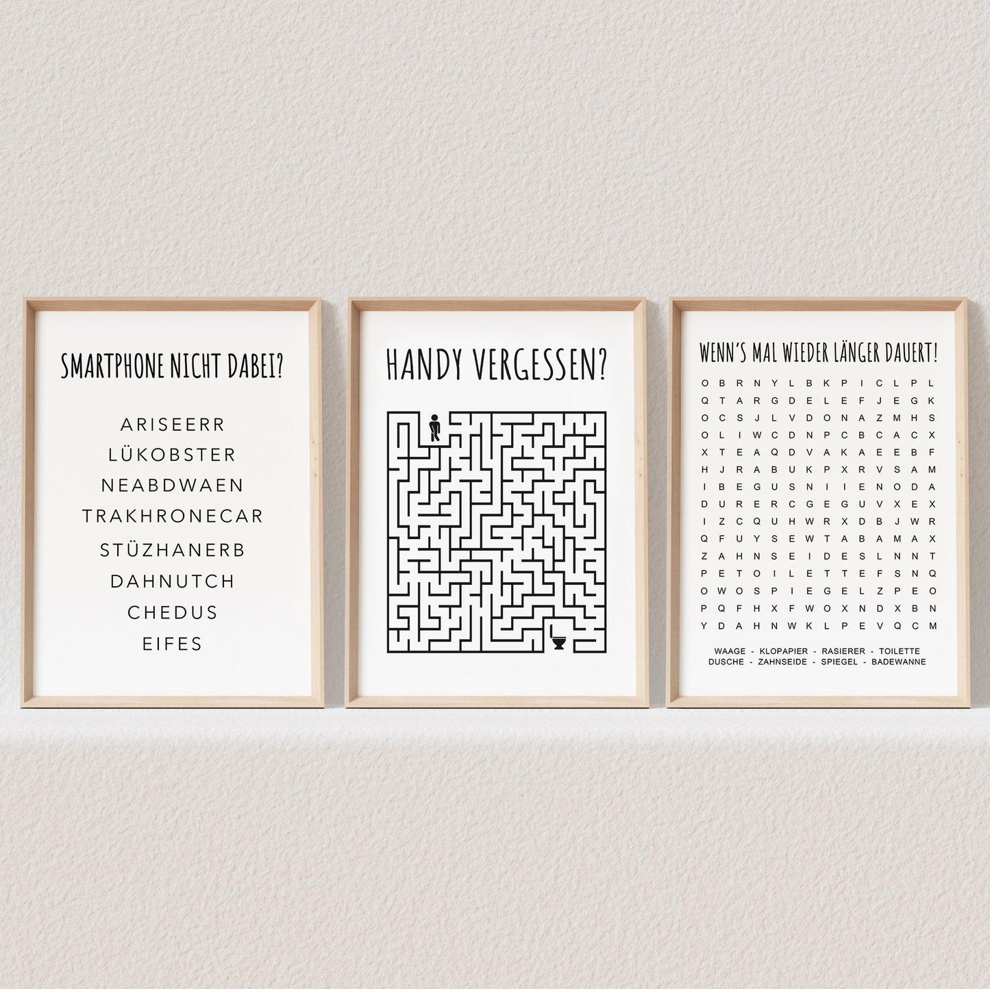 Badezimmer Deko Poster Set 3 Lustige Rätsel Gäste WC Bilder Toilette Gästebad Bad (OHNE RAHMEN)