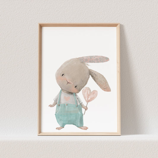 Kinderzimmer Poster Hase Häschen Hasenbaby Tiere Junge Latzhose Herz Babyzimmer (OHNE RAHMEN)