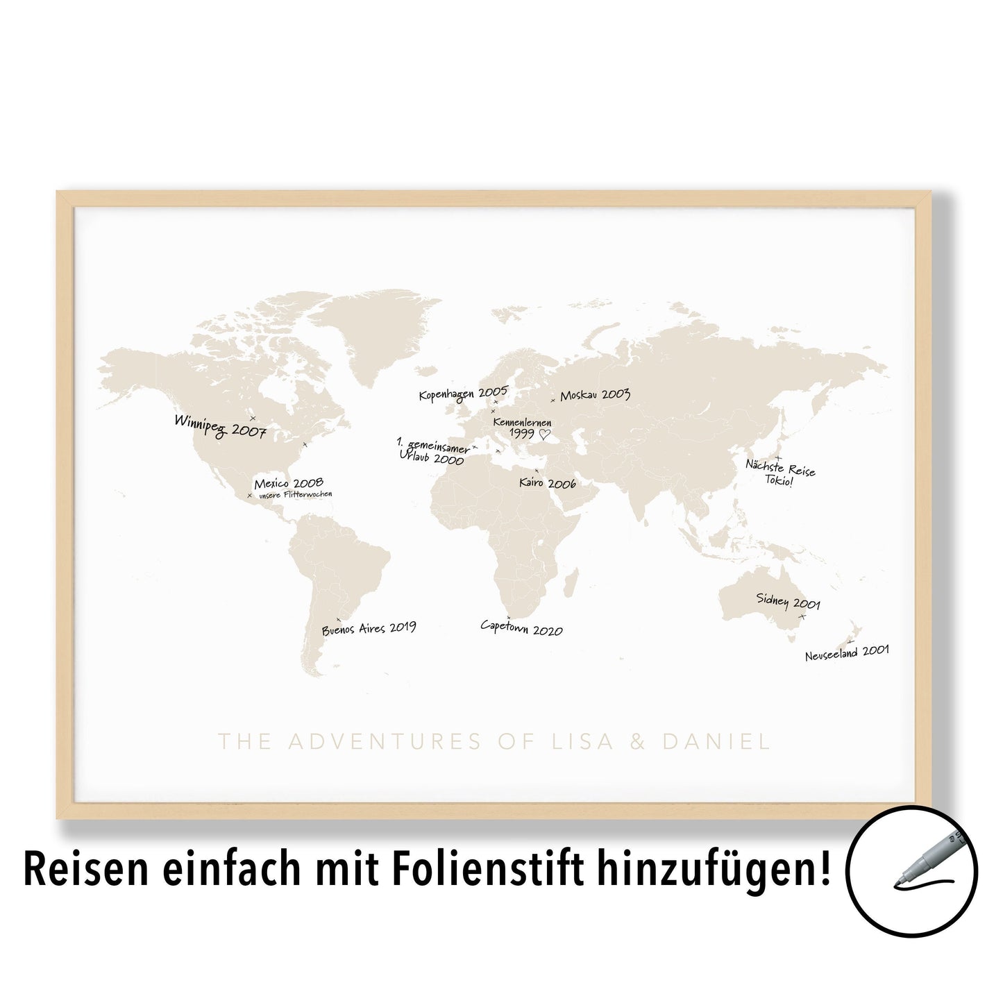 Personalisierte Weltkarte Zum Eintragen Der Reisen Pinnwand Wandbild Gerahmt