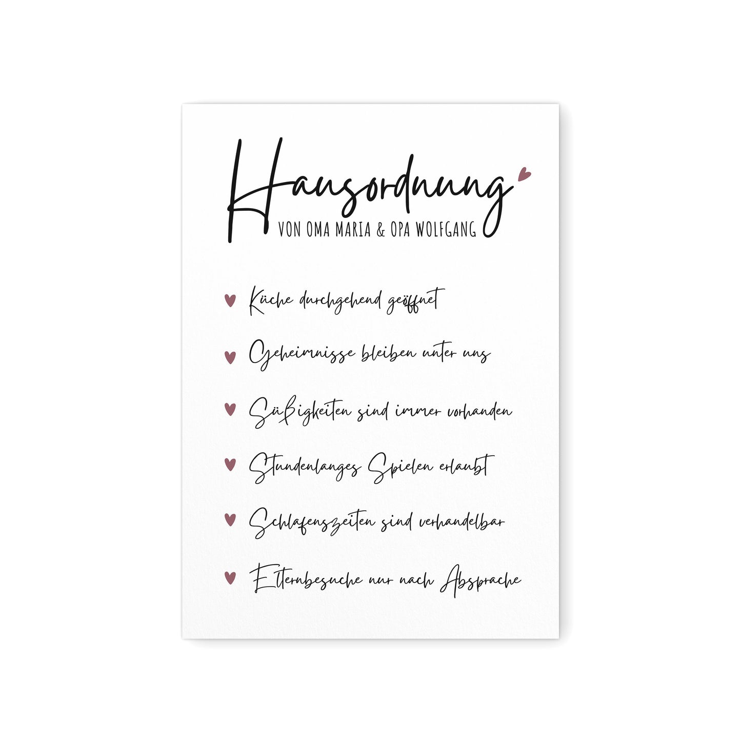 Hausordnung für Oma & Opa Personalisiertes Geschenk Bild für Großeltern