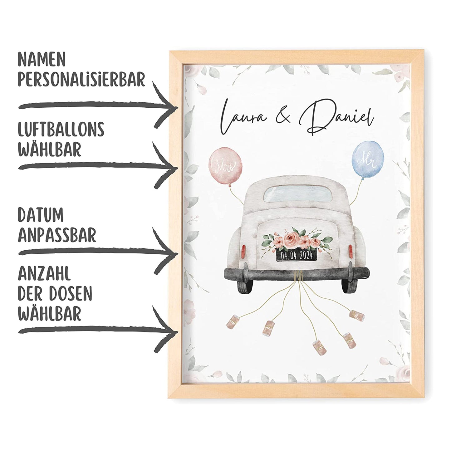 Hochzeitsgeschenk Geld Personalisiert Geldgeschenk Hochzeit Bild mit Auto für Brautpaar mit oder ohne Rahmen