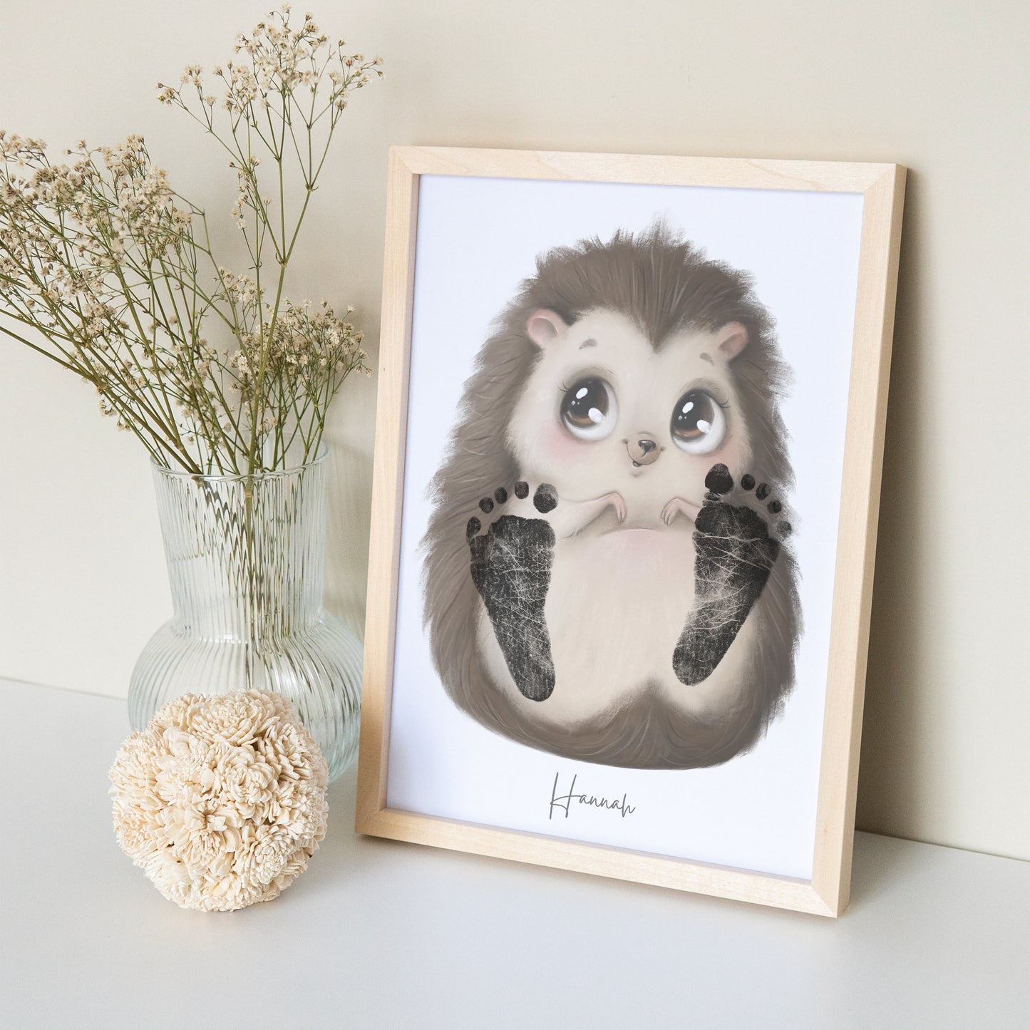 Baby Fußabdruck Bild Igel Fußabdrücke Personalisiert Babygeschenk zur Geburt Geschenk Kleinkind Kinderzimmerdeko (Ohne Farbe)