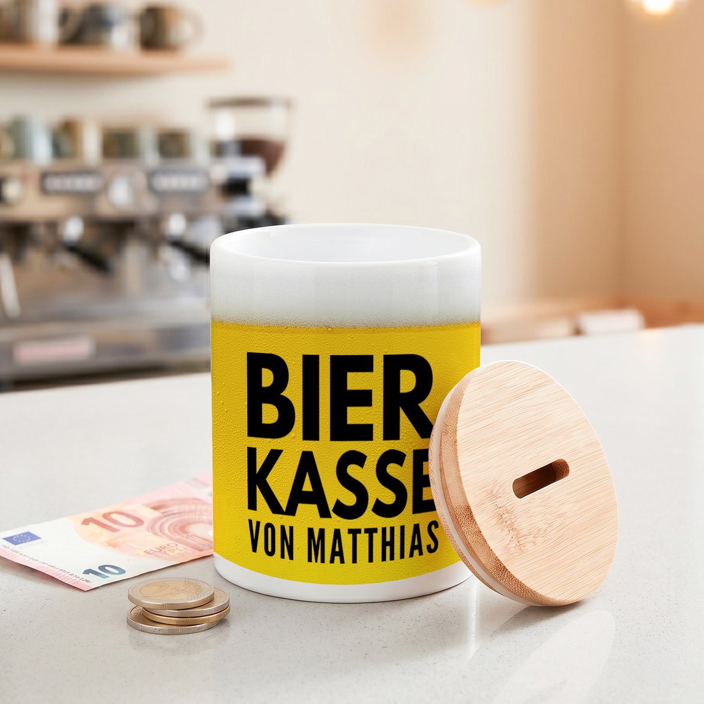 Spardose Sauf Bierkasse personalisiert mit Namen für Erwachsene aus Keramik
