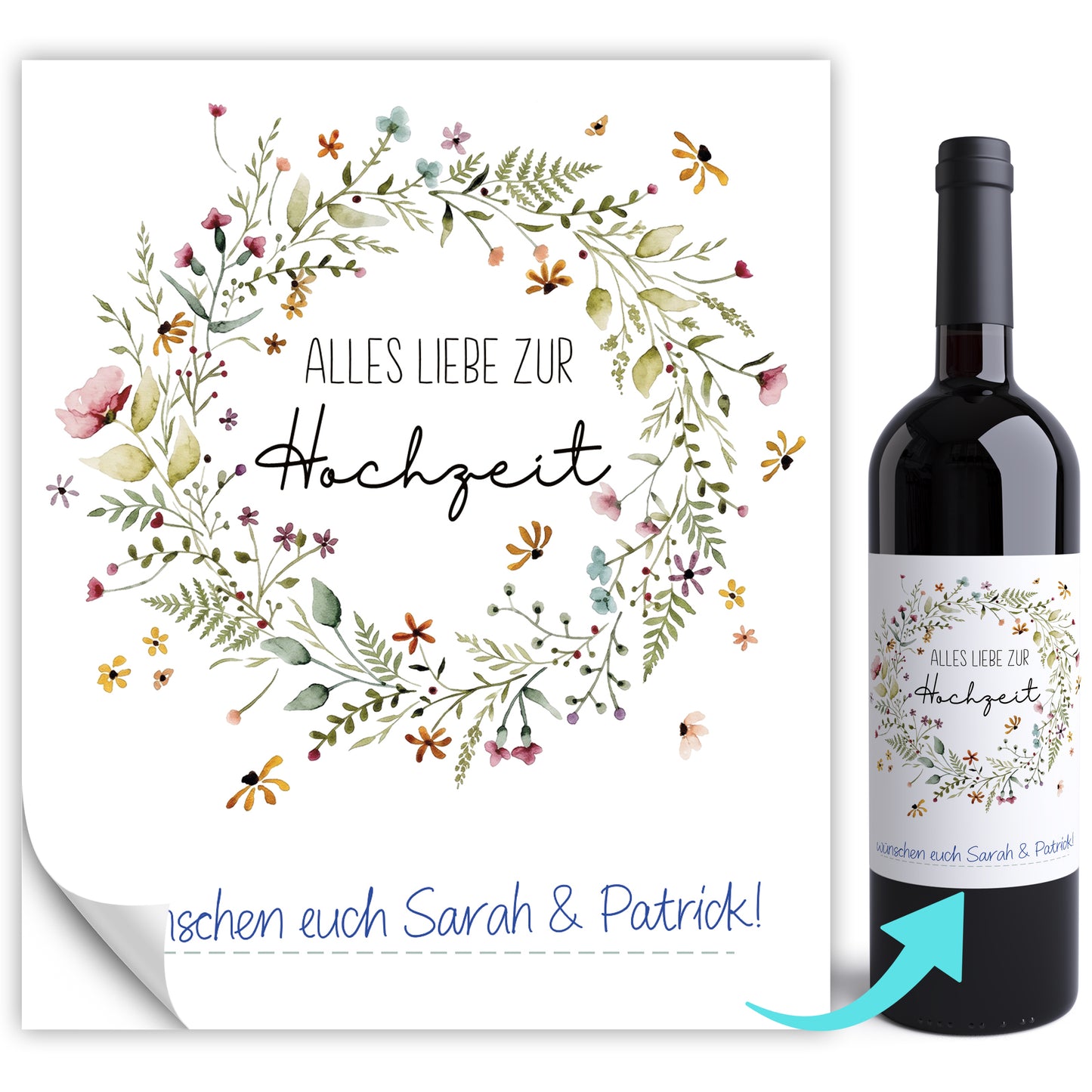 Flaschenetiketten zur Hochzeit "Wildblumen Kranz" personalisierbare Weinetiketten Hochzeitsgeschenk Weinflaschenetiketten 2 Stück | 10x12 cm