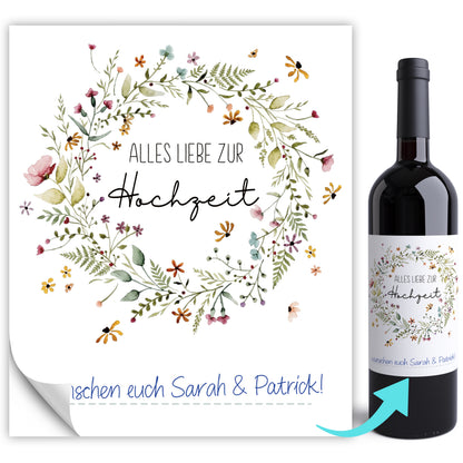 Flaschenetiketten zur Hochzeit "Wildblumen Kranz" personalisierbare Weinetiketten Hochzeitsgeschenk Weinflaschenetiketten 2 Stück | 10x12 cm