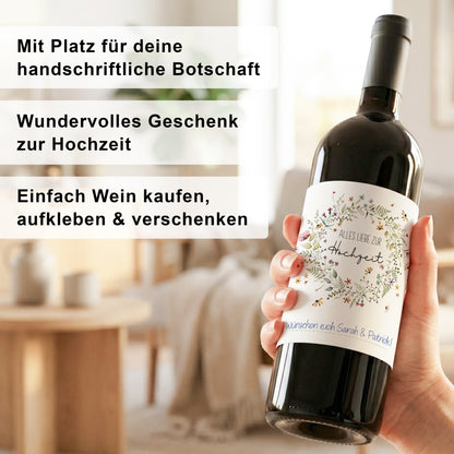 Flaschenetiketten zur Hochzeit "Wildblumen Kranz" personalisierbare Weinetiketten Hochzeitsgeschenk Weinflaschenetiketten 2 Stück | 10x12 cm