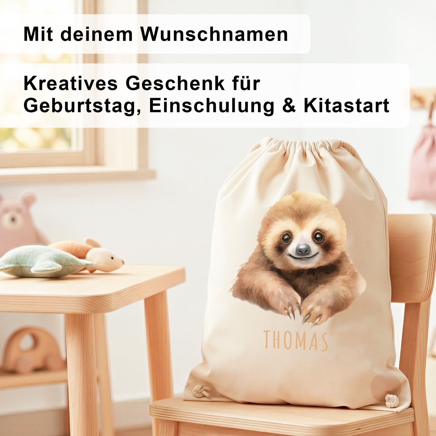 Faultier Turnbeutel Kinder personalisierter Sportbeutel für den Kindergarten Stoffbeutel mit Kordelzug