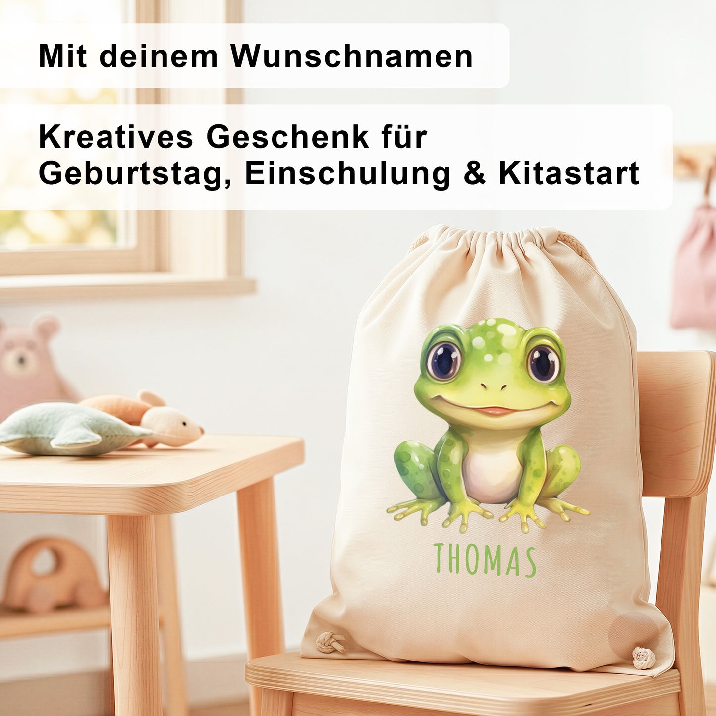 Frosch Turnbeutel Kinder personalisierter Sportbeutel für den Kindergarten Stoffbeutel mit Kordelzug