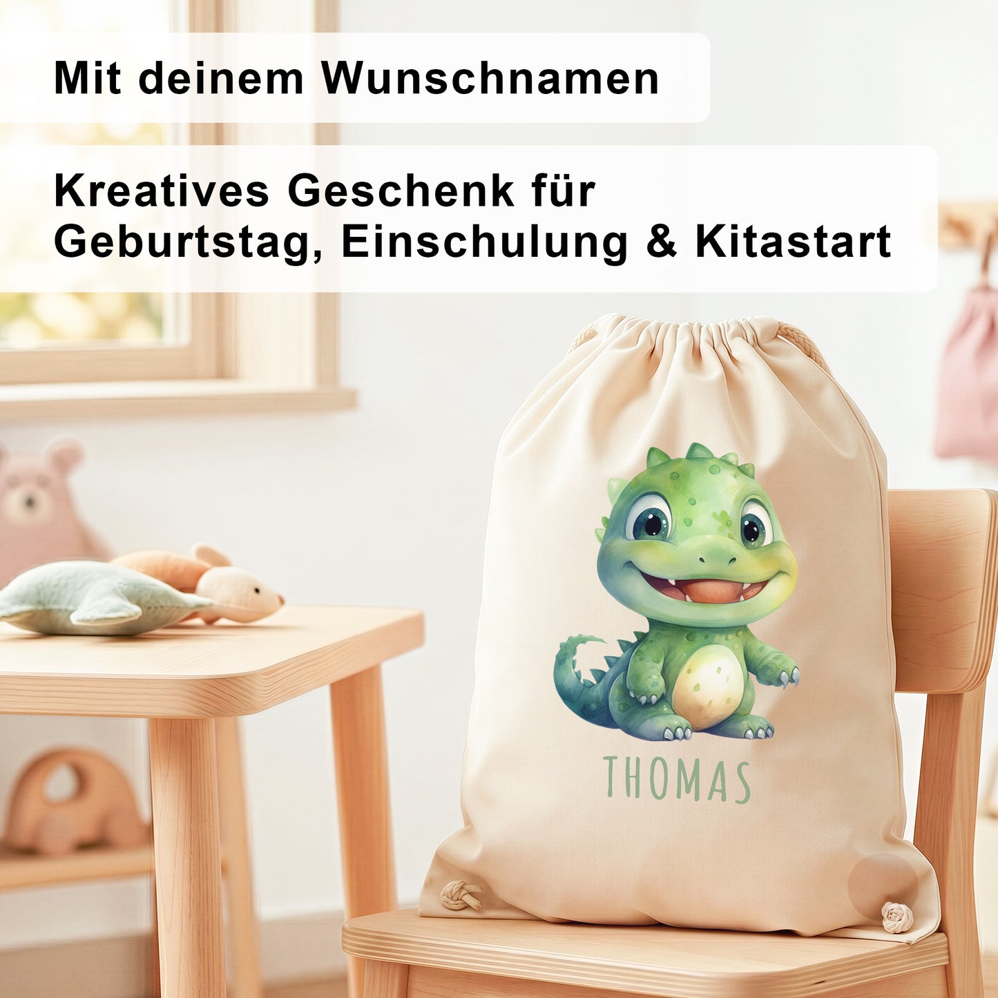 Dino Turnbeutel Kinder personalisierter Sportbeutel für den Kindergarten Stoffbeutel mit Kordelzug