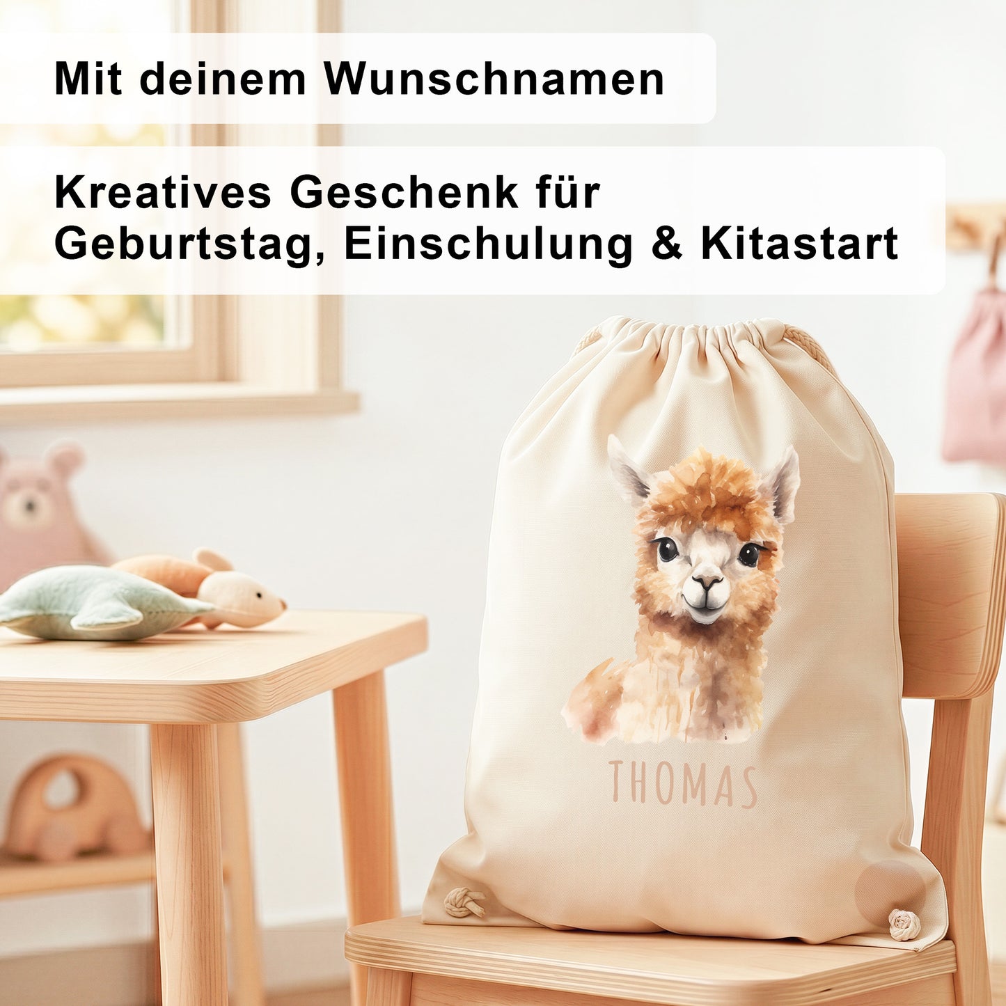Lama Turnbeutel Kinder personalisierter Sportbeutel für den Kindergarten Stoffbeutel mit Kordelzug