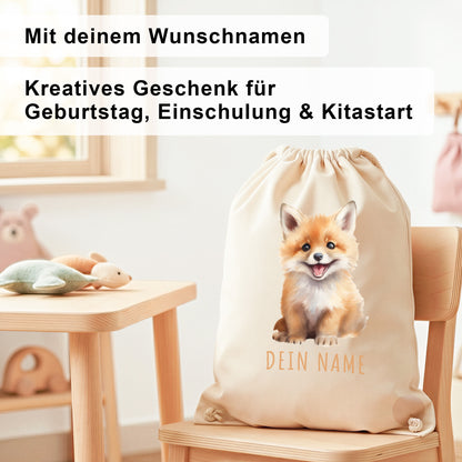 Fuchs Turnbeutel Kinder personalisierter Sportbeutel für den Kindergarten Stoffbeutel mit Kordelzug