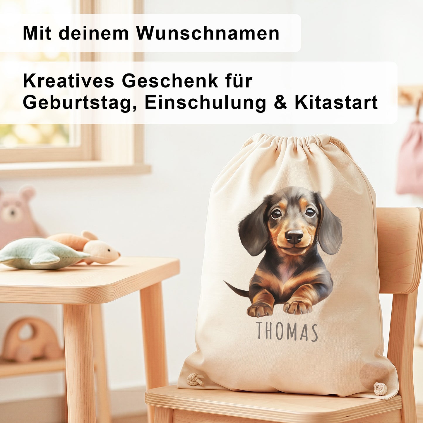 Dackel Turnbeutel Kinder personalisierter Sportbeutel für den Kindergarten Stoffbeutel mit Kordelzug