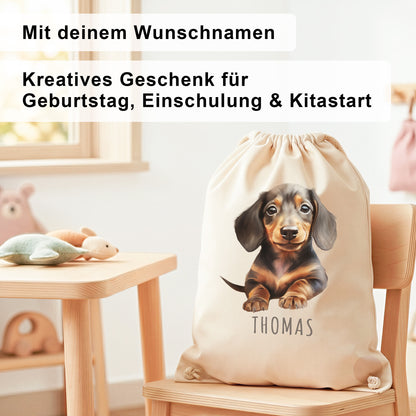 Dackel Turnbeutel Kinder personalisierter Sportbeutel für den Kindergarten Stoffbeutel mit Kordelzug