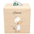 Ente Spardose für Kinder aus Holz personalisierte Sparbox Holzspardose mit Schlüssel als Geldgeschenk