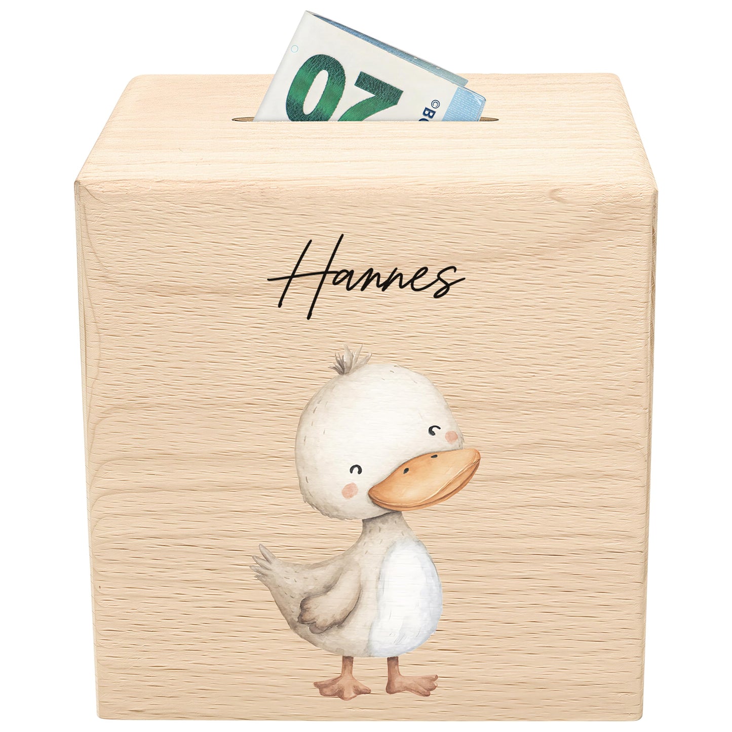 Ente Spardose für Kinder aus Holz personalisierte Sparbox Holzspardose mit Schlüssel als Geldgeschenk