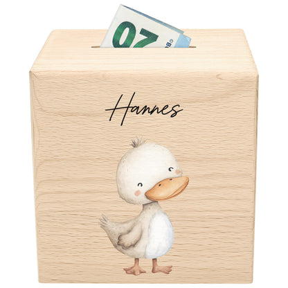 Ente Spardose für Kinder aus Holz personalisierte Sparbox Holzspardose mit Schlüssel als Geldgeschenk