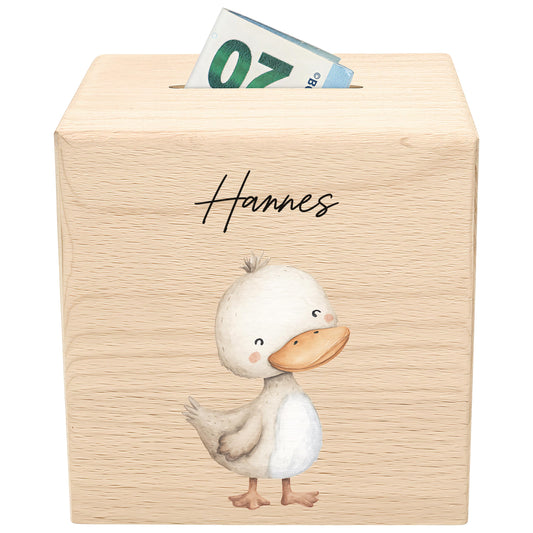 Ente Spardose für Kinder aus Holz personalisierte Sparbox Holzspardose mit Schlüssel als Geldgeschenk