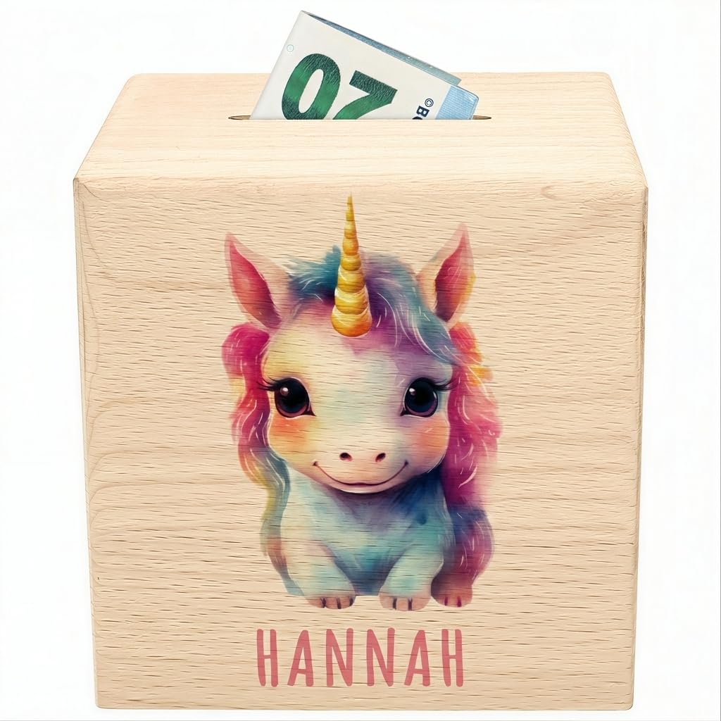 Tier Spardose für Kinder personalisiert Sparbox aus Holz Sparschwein mit Schlüssel Taufgeschenk für Jungen und Mädchen (Einhorn)