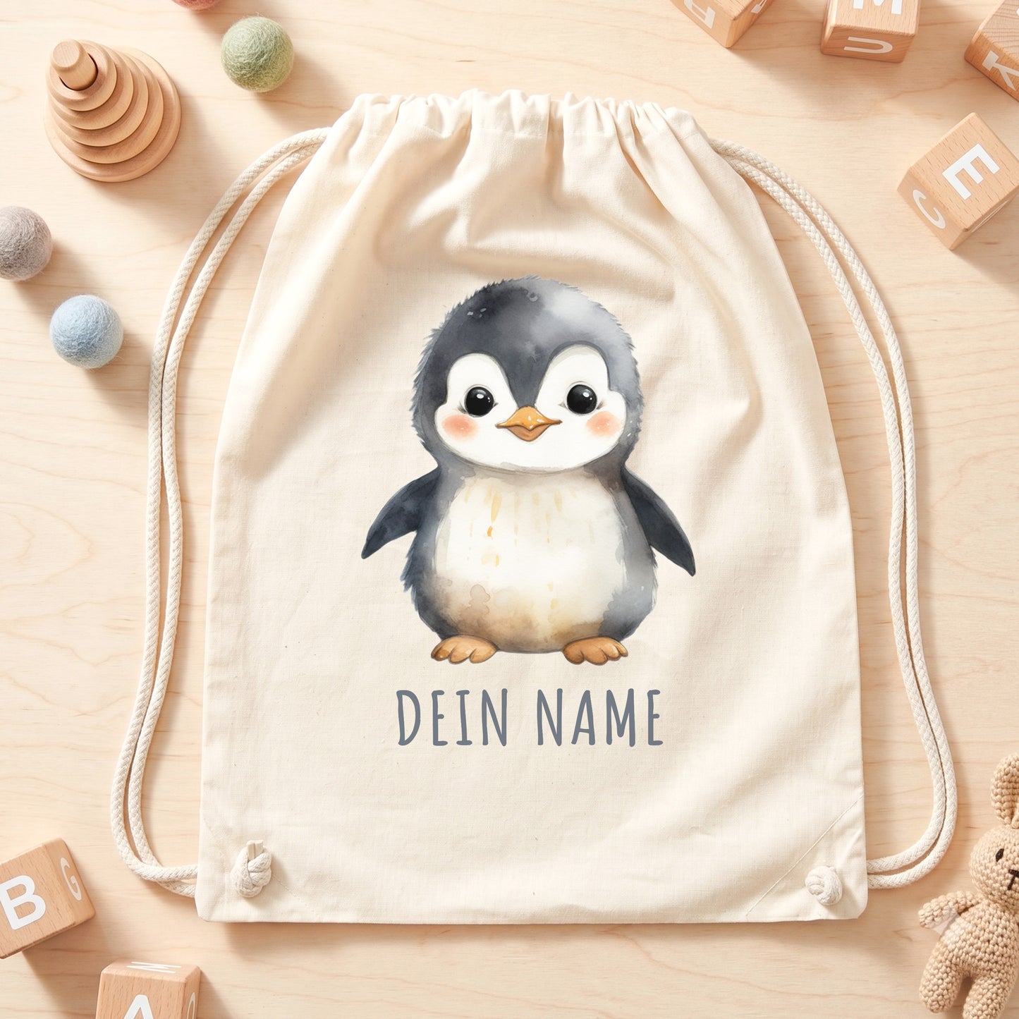 Pinguin Turnbeutel Kinder personalisierter Sportbeutel für den Kindergarten Stoffbeutel mit Kordelzug