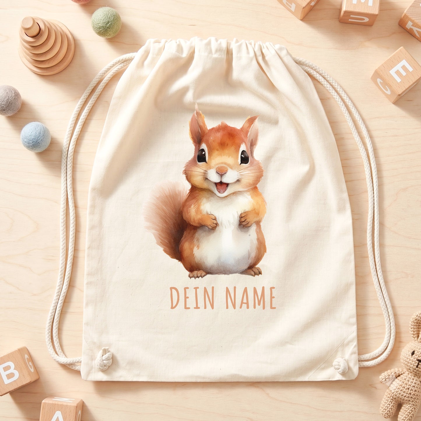 Eichhörnchen Turnbeutel Kinder personalisierter Sportbeutel für den Kindergarten Stoffbeutel mit Kordelzug