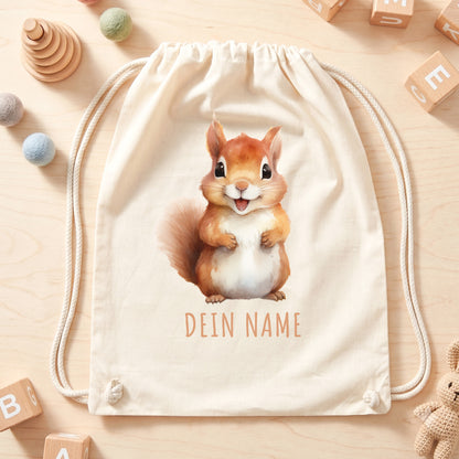 Eichhörnchen Turnbeutel Kinder personalisierter Sportbeutel für den Kindergarten Stoffbeutel mit Kordelzug