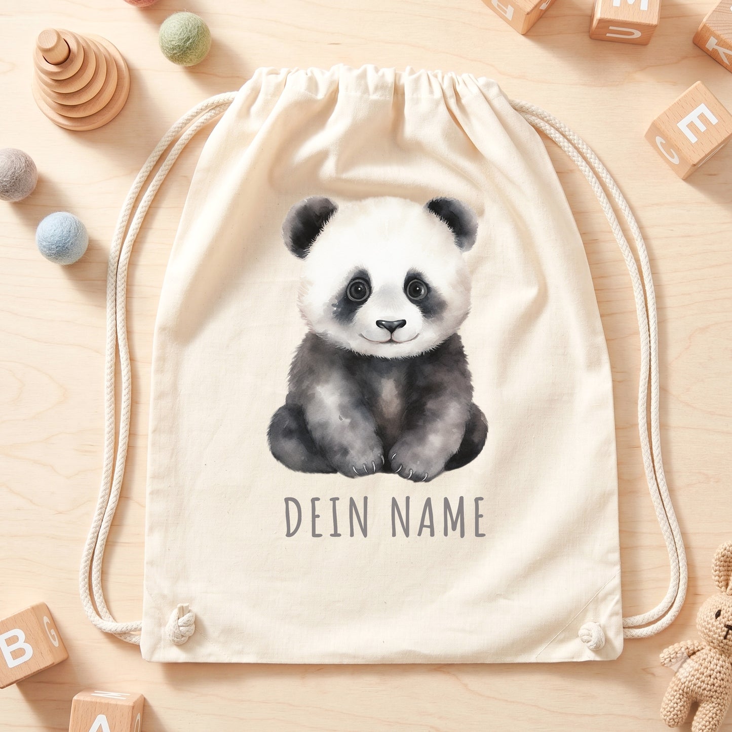 Panda Turnbeutel Kinder personalisierter Sportbeutel für den Kindergarten Stoffbeutel mit Kordelzug