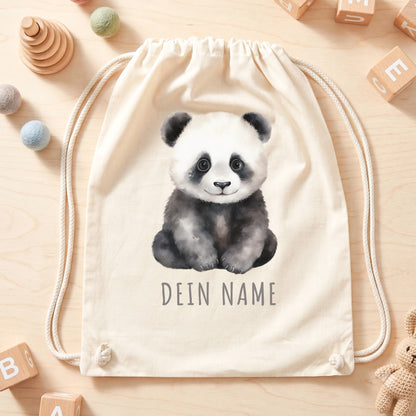 Panda Turnbeutel Kinder personalisierter Sportbeutel für den Kindergarten Stoffbeutel mit Kordelzug