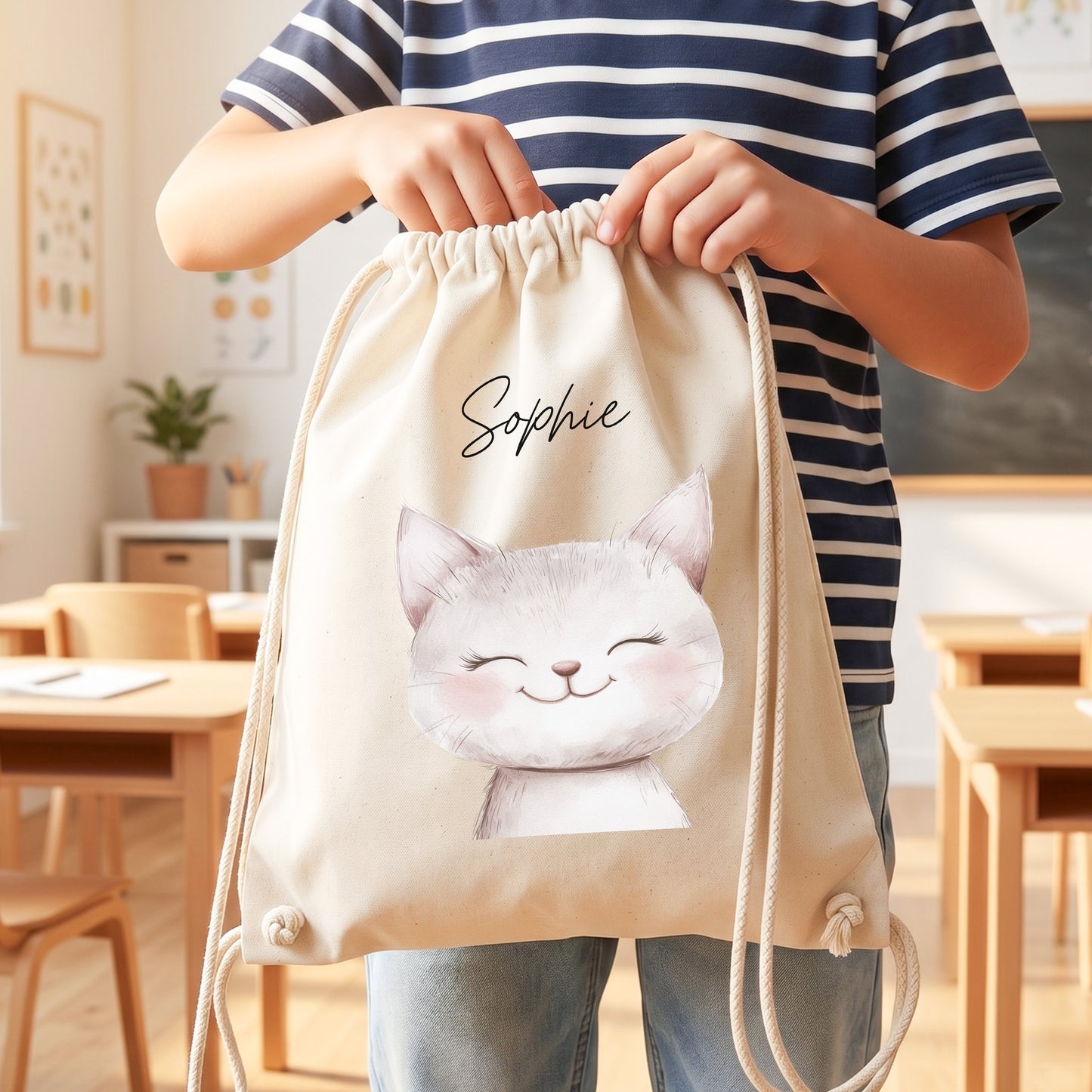 Katze Turnbeutel Kinder personalisierter Sportbeutel für Kindergarten & Kita Stoffbeutel mit Kordelzug