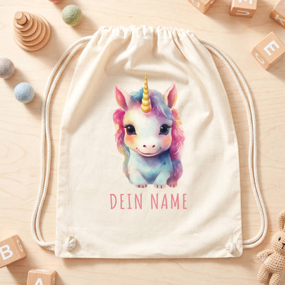 Einhorn Turnbeutel Kinder personalisierter Sportbeutel für den Kindergarten Stoffbeutel mit Kordelzug