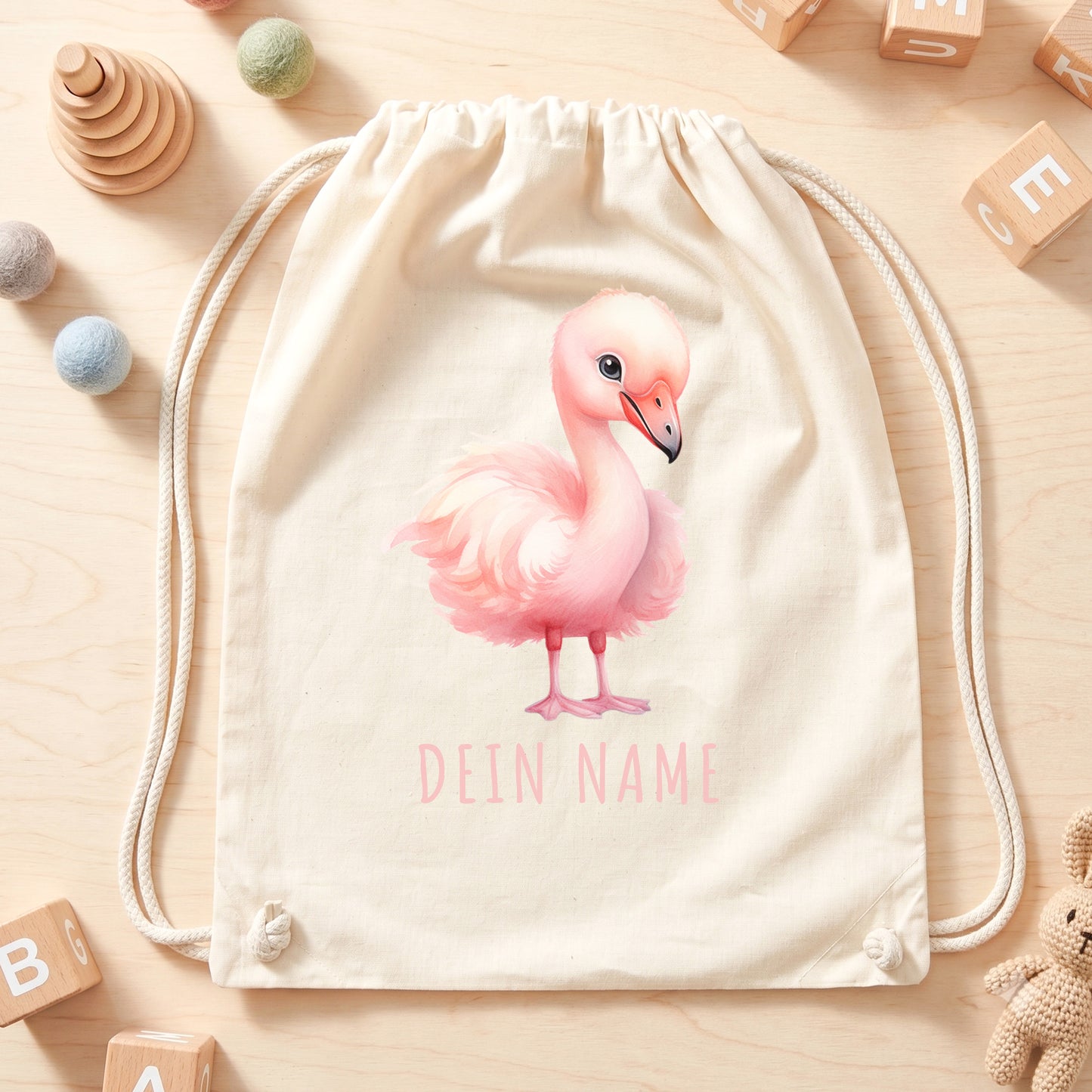 Flamingo Turnbeutel Kinder personalisierter Sportbeutel für den Kindergarten Stoffbeutel mit Kordelzug