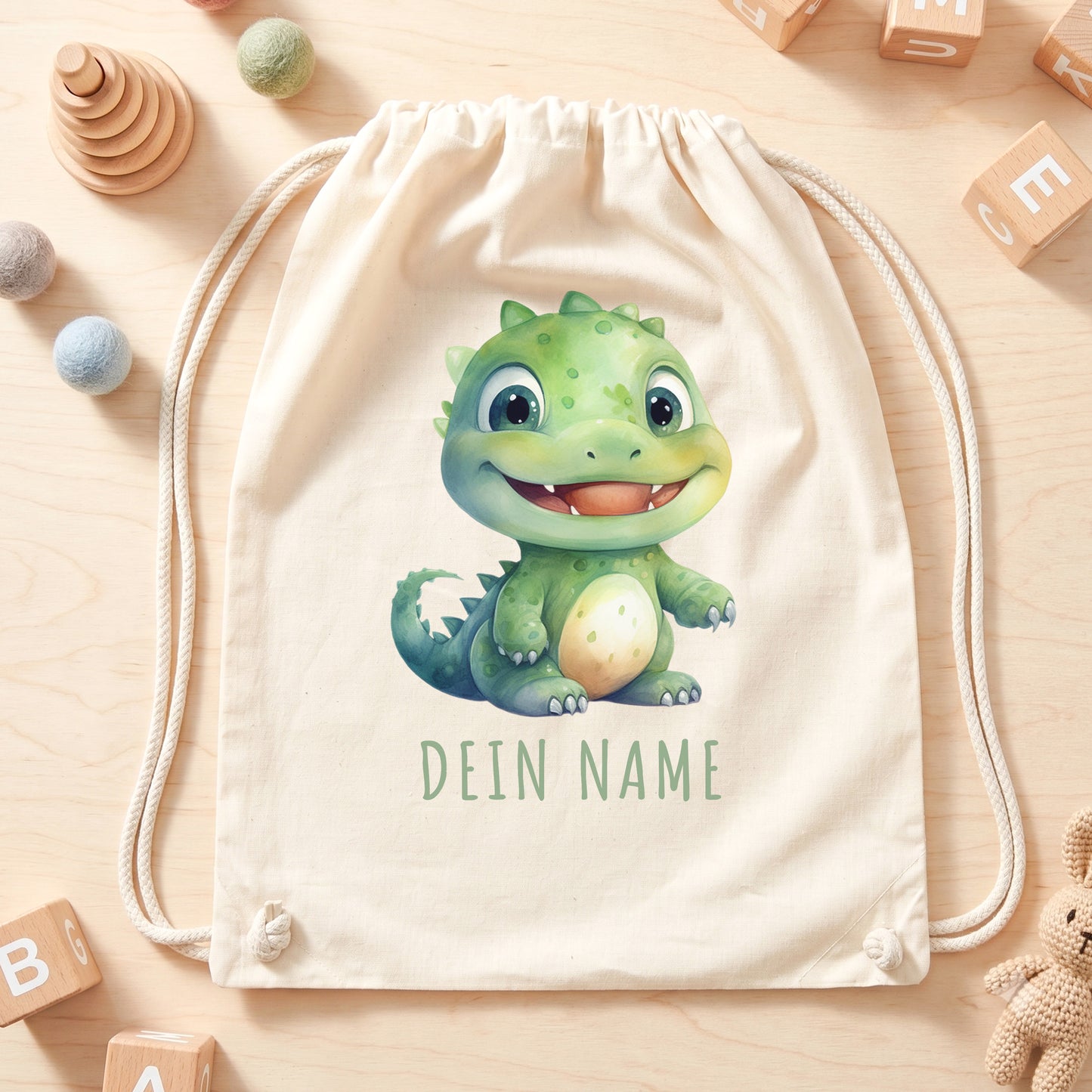 Dino Turnbeutel Kinder personalisierter Sportbeutel für den Kindergarten Stoffbeutel mit Kordelzug