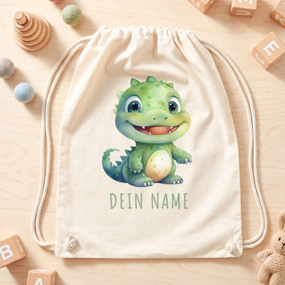 Dino Turnbeutel Kinder personalisierter Sportbeutel für den Kindergarten Stoffbeutel mit Kordelzug
