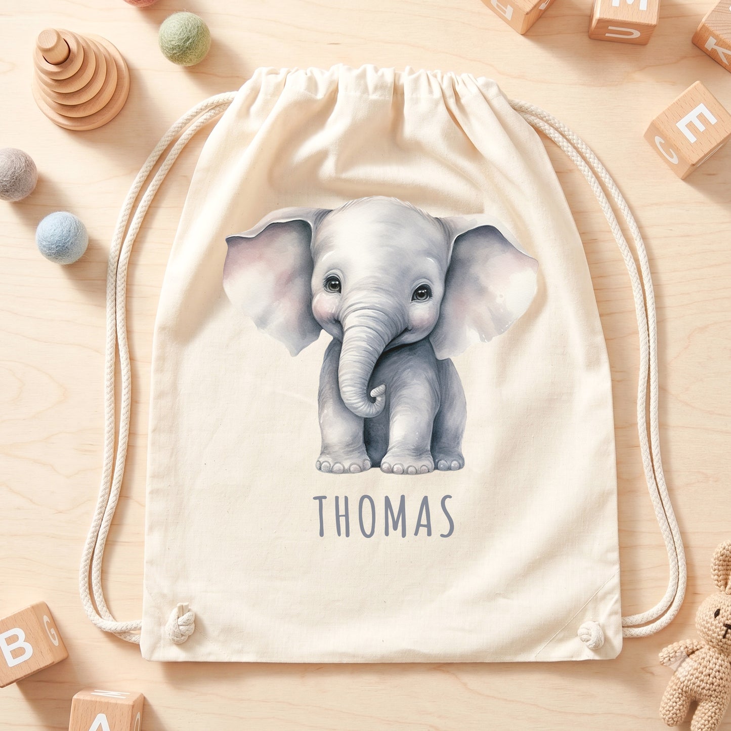 Elefant Turnbeutel Kinder personalisierter Sportbeutel für den Kindergarten Stoffbeutel mit Kordelzug
