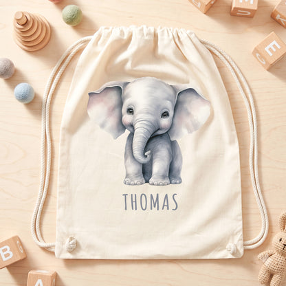 Elefant Turnbeutel Kinder personalisierter Sportbeutel für den Kindergarten Stoffbeutel mit Kordelzug