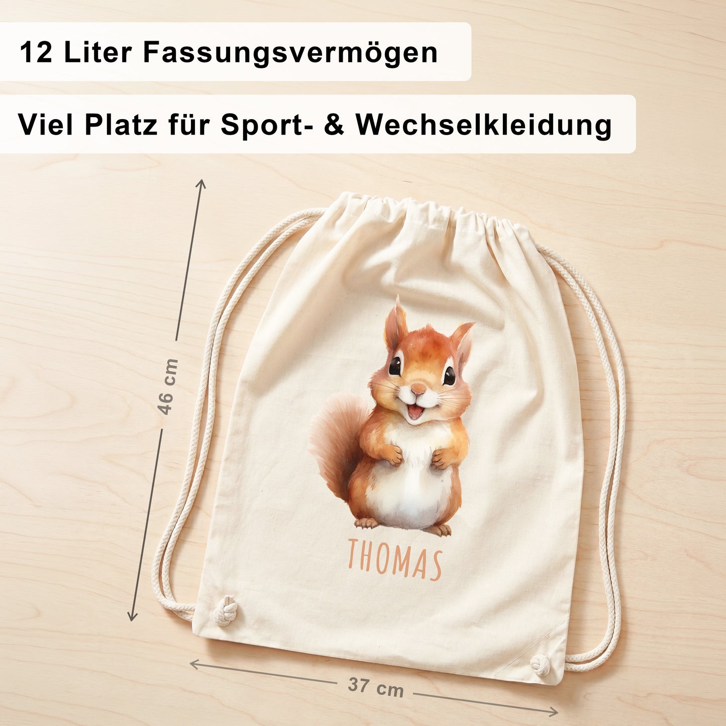 Eichhörnchen Turnbeutel Kinder personalisierter Sportbeutel für den Kindergarten Stoffbeutel mit Kordelzug