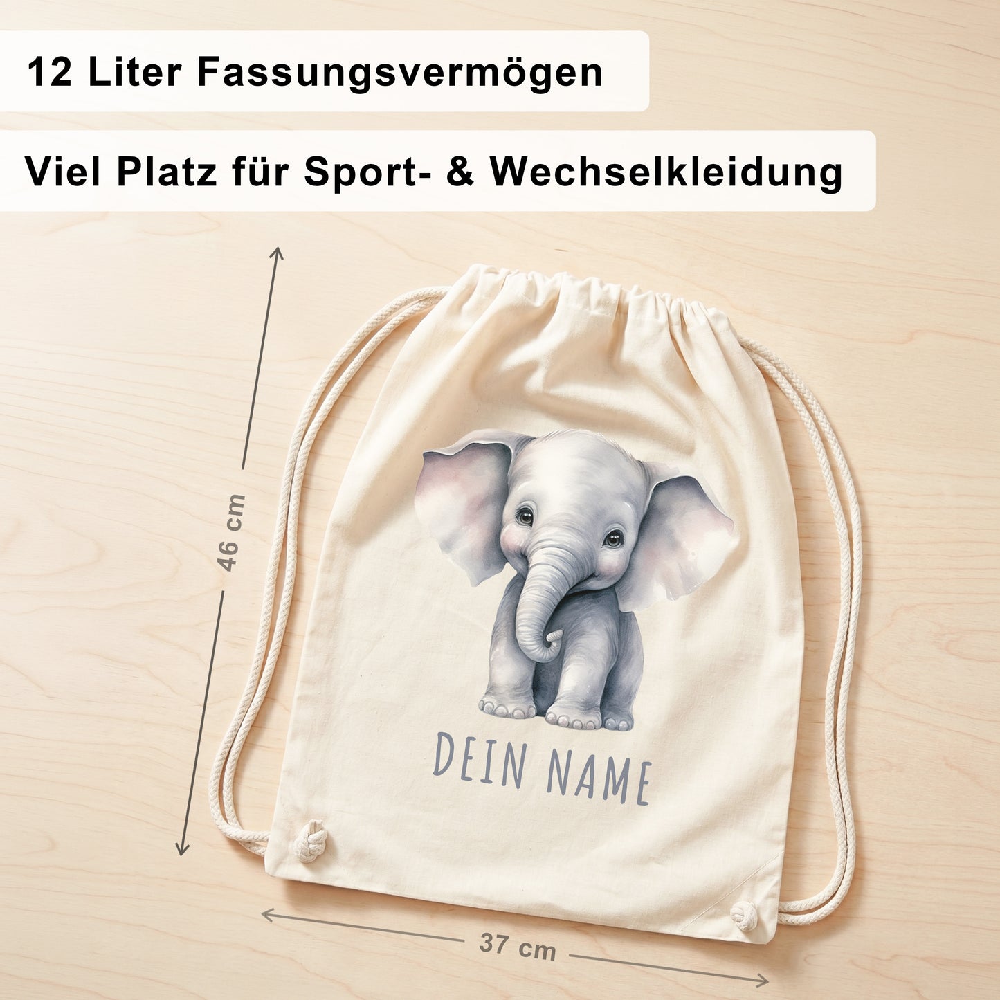 Elefant Turnbeutel Kinder personalisierter Sportbeutel für den Kindergarten Stoffbeutel mit Kordelzug
