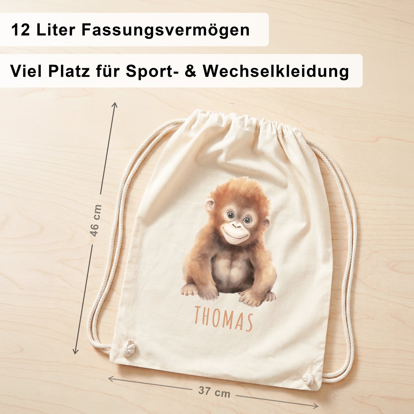 Affe Turnbeutel Kinder personalisierter Sportbeutel für den Kindergarten Stoffbeutel mit Kordelzug