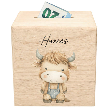 Bulle Spardose für Kinder aus Holz personalisierte Sparbox Holzspardose mit Schlüssel als Geldgeschenk