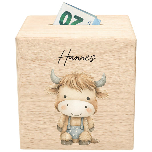 Bulle Spardose für Kinder aus Holz personalisierte Sparbox Holzspardose mit Schlüssel als Geldgeschenk