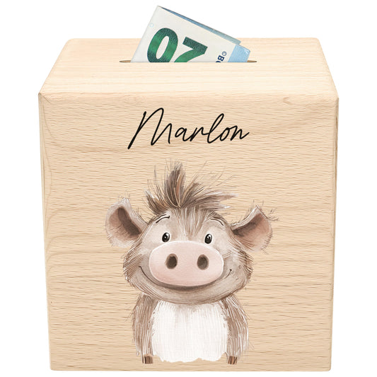 Spardose für Kinder Warzenschwein personalisiert Safari Tiere Sparbox aus Holz Sparschwein mit Schlüssel Taufgeschenk für Jungen & Mädchen