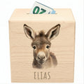 Esel Spardose für Kinder personalisiert Sparbox aus Holz Sparschwein mit Schlüssel Taufgeschenk für Jungen und Mädchen