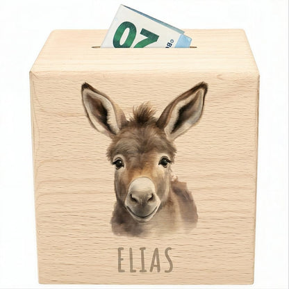 Esel Spardose für Kinder personalisiert Sparbox aus Holz Sparschwein mit Schlüssel Taufgeschenk für Jungen und Mädchen