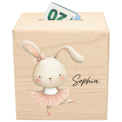 Spardose für Mädchen personalisierte Sparbox aus Holz mit Hase Geldgeschenk für Kinder