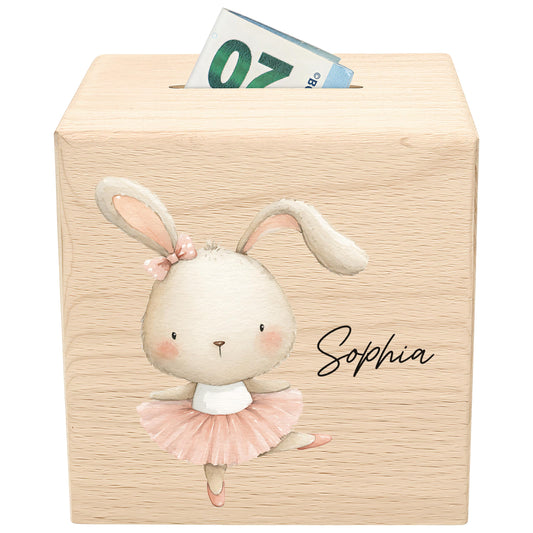 Spardose für Mädchen personalisierte Sparbox aus Holz mit Hase Geldgeschenk für Kinder