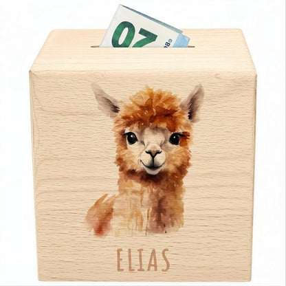Alpaka Spardose für Kinder personalisiert Sparbox aus Holz Sparschwein mit Schlüssel Taufgeschenk für Jungen und Mädchen